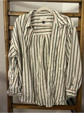 Universal Thread Striped Button-Up — Cream, Green & Navy Stripes